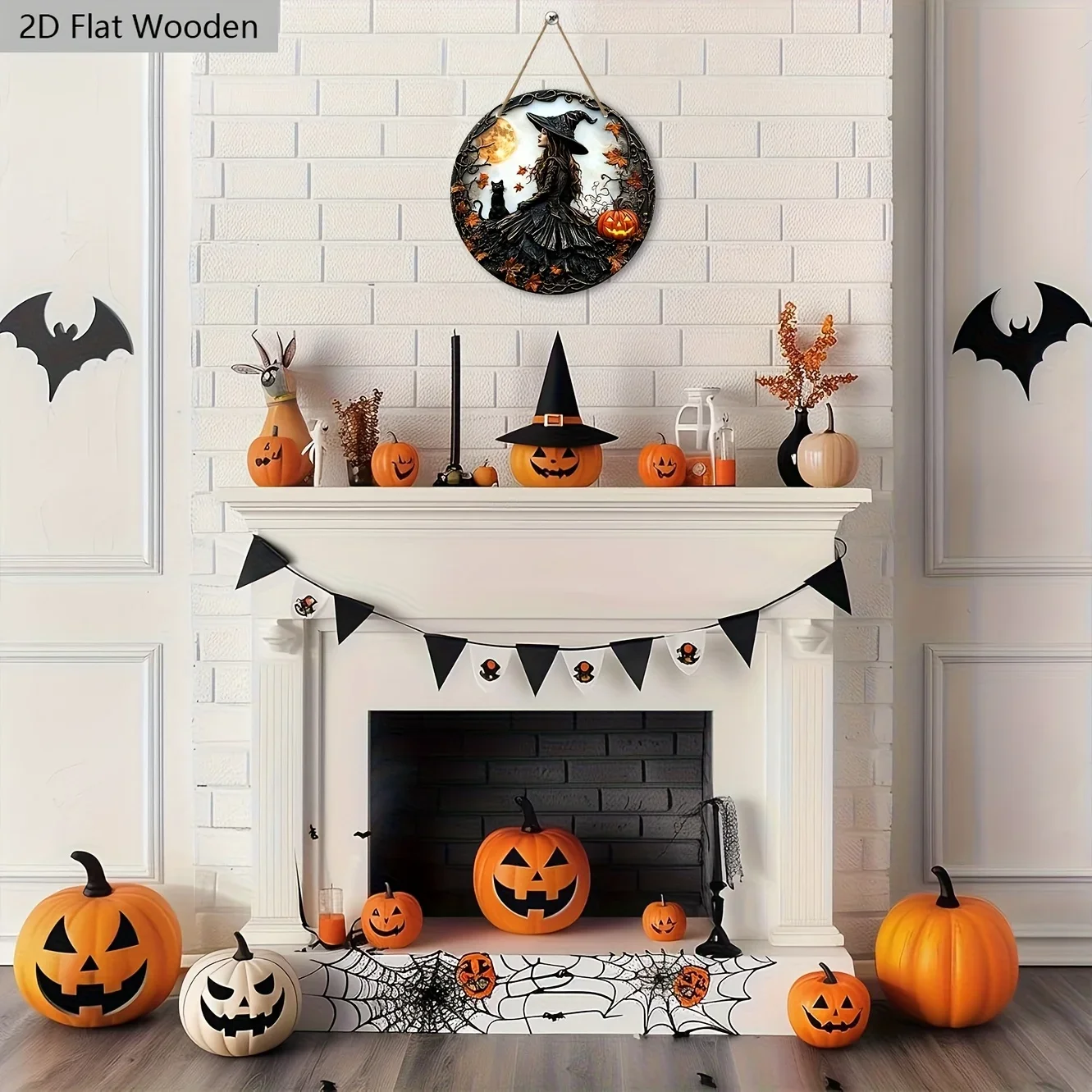 مسطح ثنائي الأبعاد، قطعة واحدة، 7.87 بوصة لافتة خشبية لساحرة الهالوين والقطة السوداء - لافتة عيد الهالوين اليقطين الإرهابية الفريدة للباب الأمامي، معلقة على الحائط #4