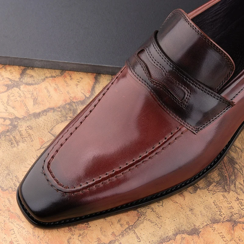 Leather Casual Men Shoes Genuine Cowhide Slip on Fashion Luxury Handmade Business Formal Dress OfficeShoe Wine Red