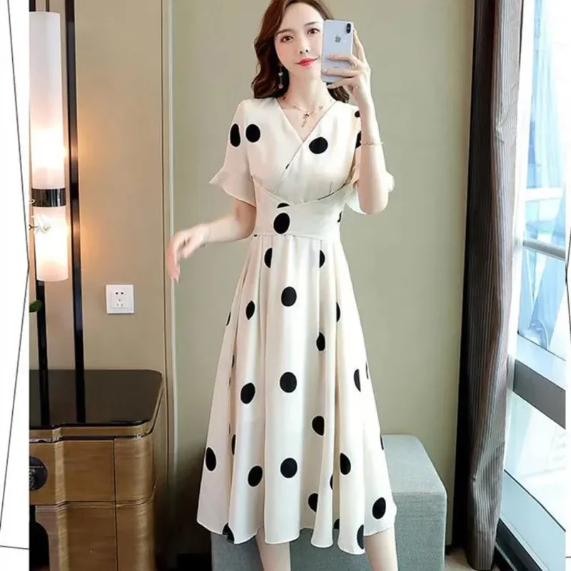 Women's Casual Chiffon Party Dress Short Sleeve T Shirt 2025 Summer New Korean Style Office Polka Dot Dresse for Women Clothing