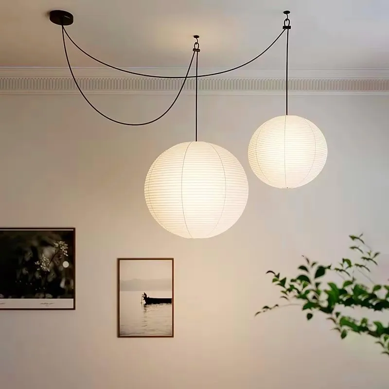 

Retro Wabi Sabi Round Rice Paper Led Pendant Light Living Room Study Bedroom Loft Lamp Restaurant Bar Decor Shiftable Chandelier