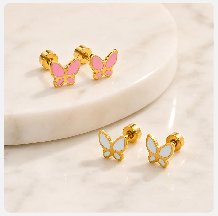 Vnox Süße Rosa Emaille-Schmetterling Ohrstecker mit Schraubverschluss für Frauen, Goldfarben, Edelstahl, Niedliche Tier-Ohrringe, Antiallergisch – Detail 6