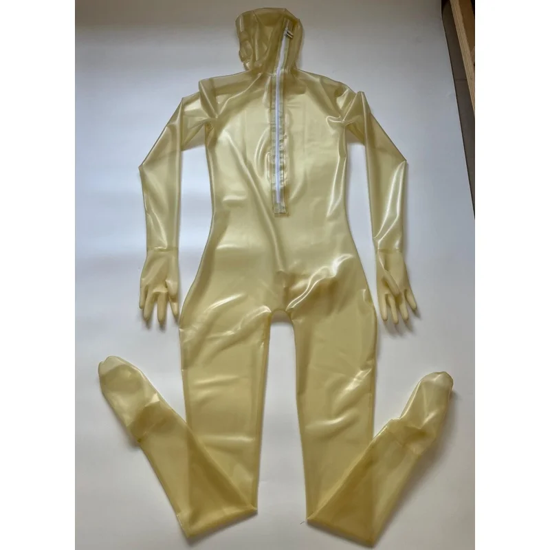 Men Latex Bodysuit, 0.4mm 100% Natural Latex Zentai Catsuit With Hood Gloves Socks, Back Zipper, Transparent Skin‑Tone