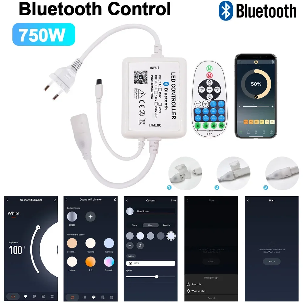 750W Music Wifi Bluetooth Dimmer Controller US 110V EU AU UK 220V For 8mm PCB Width 288LEDs/m 360LEDs/m No Wires COB LED Strip