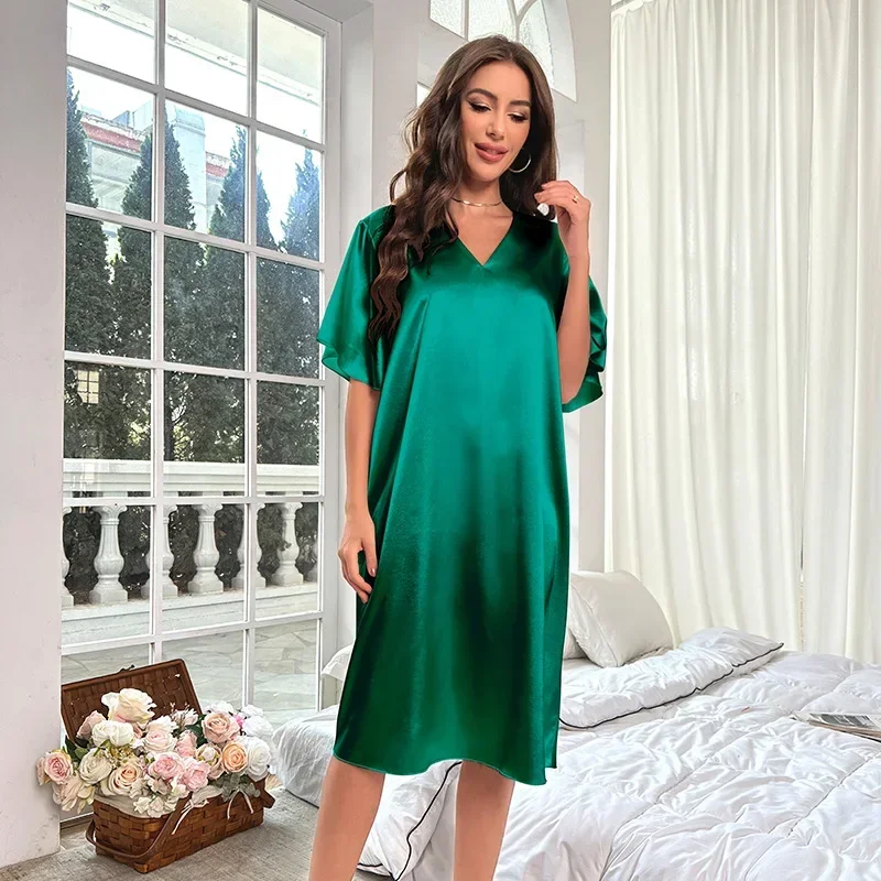 Chemise de nuit sexy en satin à manches courtes et col en V pour femmes, vêtements de nuit pour femmes, vêtements de nuit pour la maison, printemps, été, nouveau