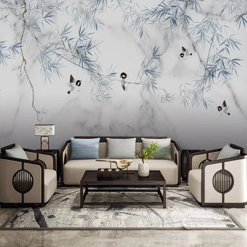 Customized product Chinese Marble Bamboo Flowers birds Mural Wallpaper Living room sofa background wall Bedroon Study restaurant