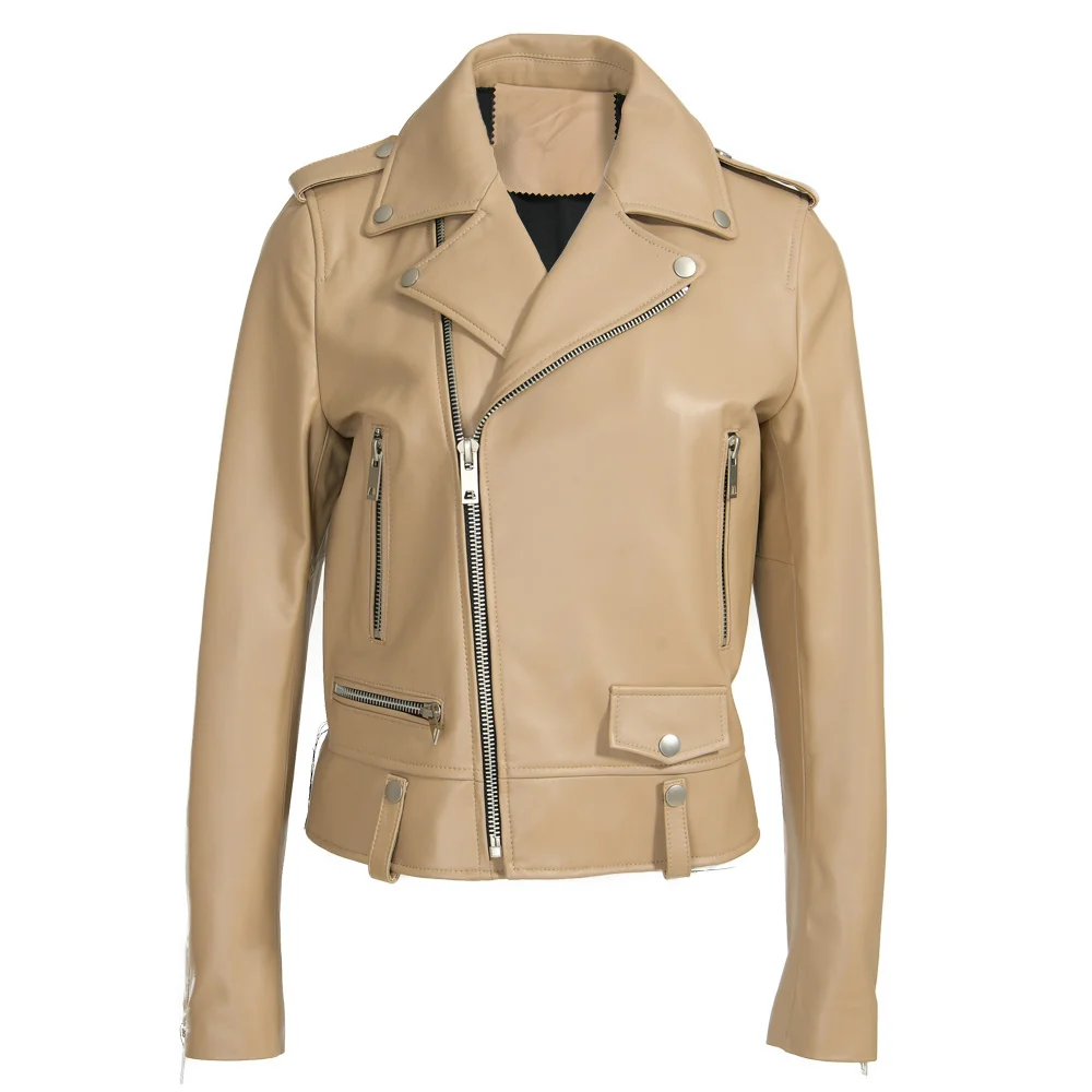 

Jxwatcher Sheepskin Coat for Women 2026 Spring Autumn Real Leather Jacket Fashion Moto Biker Zipper Leather Jacket High Quality