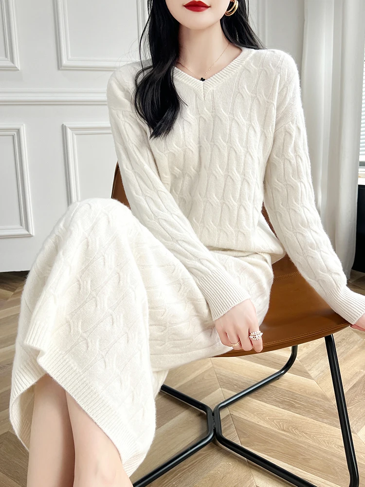 New Chic Women Wool Sweater  Skirt Suit Spring Autumn 100% Merino Wool V-neck Pullover Grace Skirt Knitwear Top Quality Clothing