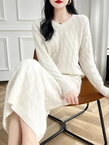 New Chic Women Wool Sweater  Skirt Suit Spring Autumn 100% Merino Wool V-neck Pullover Grace Skirt Knitwear Top Quality Clothing