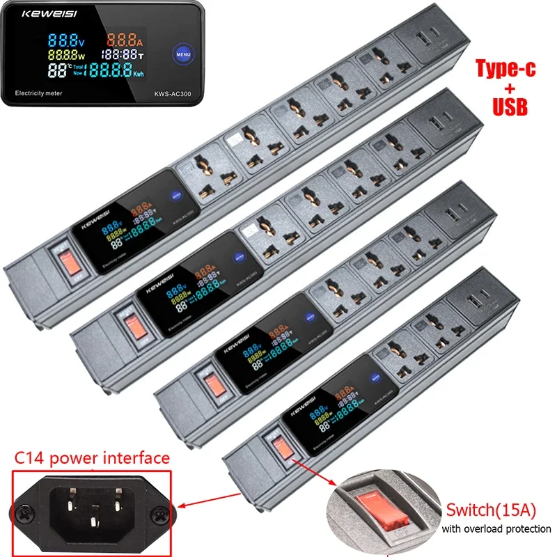 Power Strip LCD Digital Ampermeter Voltmeter Ammeter With Switch 2/3/4/5/6/7/8/9/10 Universal Socket USB+Type-C C14 interface