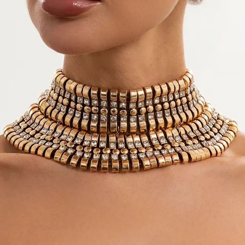 SHIXIN Exaggerated Punk Heavy Wide Multi Layer Fan Shaped Rhinestone Choker Necklace  Women Clavicle Chain Party Evening Jewelry