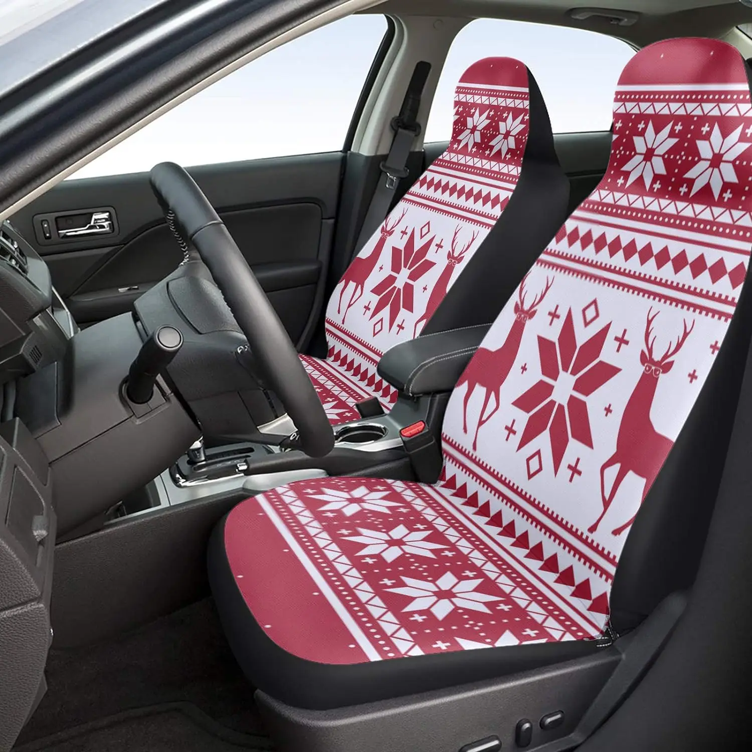 Christmas Reindeer Snowflake Geometric Print Car Seat Covers 2 Piece Set Universal Front Carseat Cushion for SUV Cars Trucks