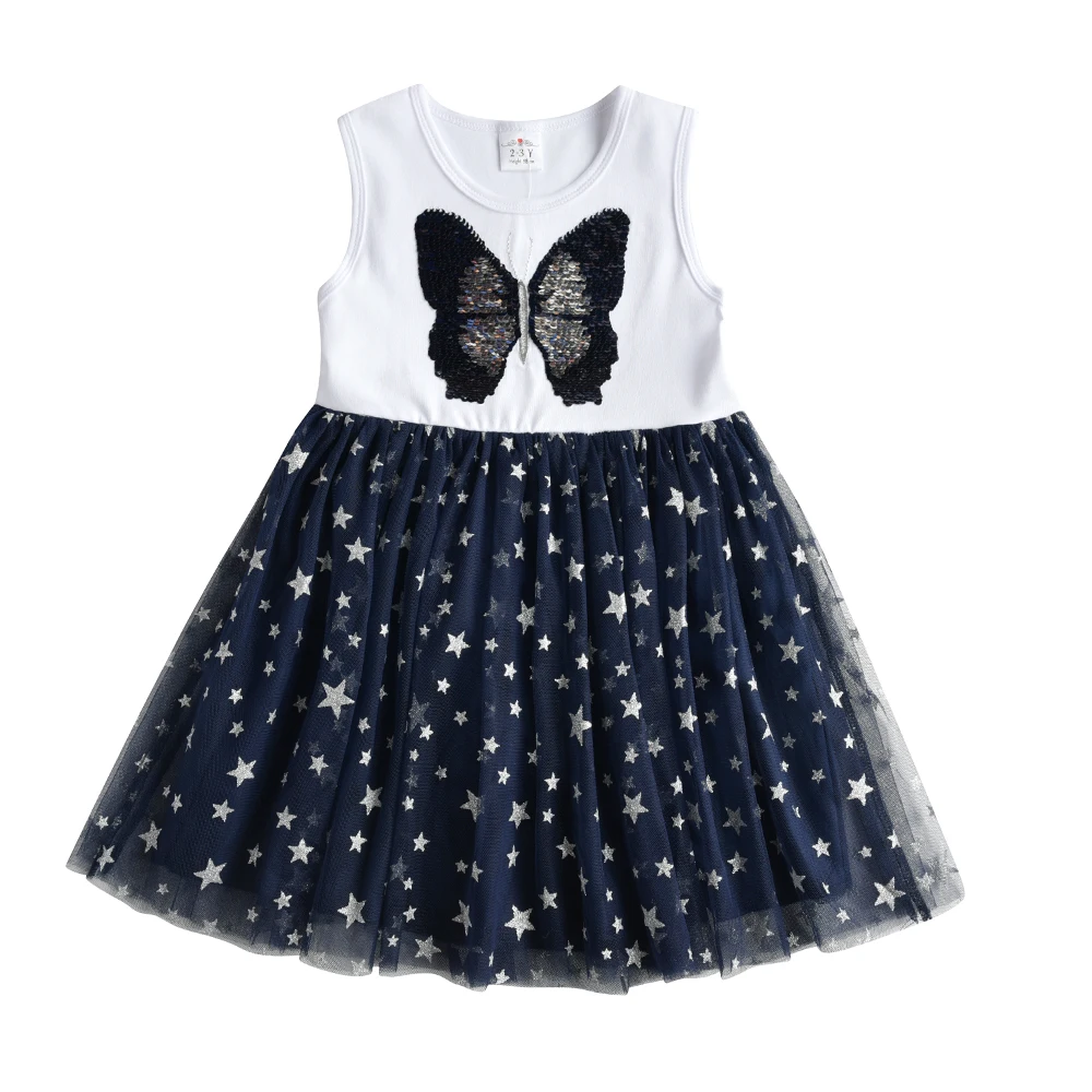 DXTON Girls Butterfly Sequined Dress Kids Sleeveless Summer Infantil Vestidos Children Tulle Mesh Princess Elegant Casual Dress
