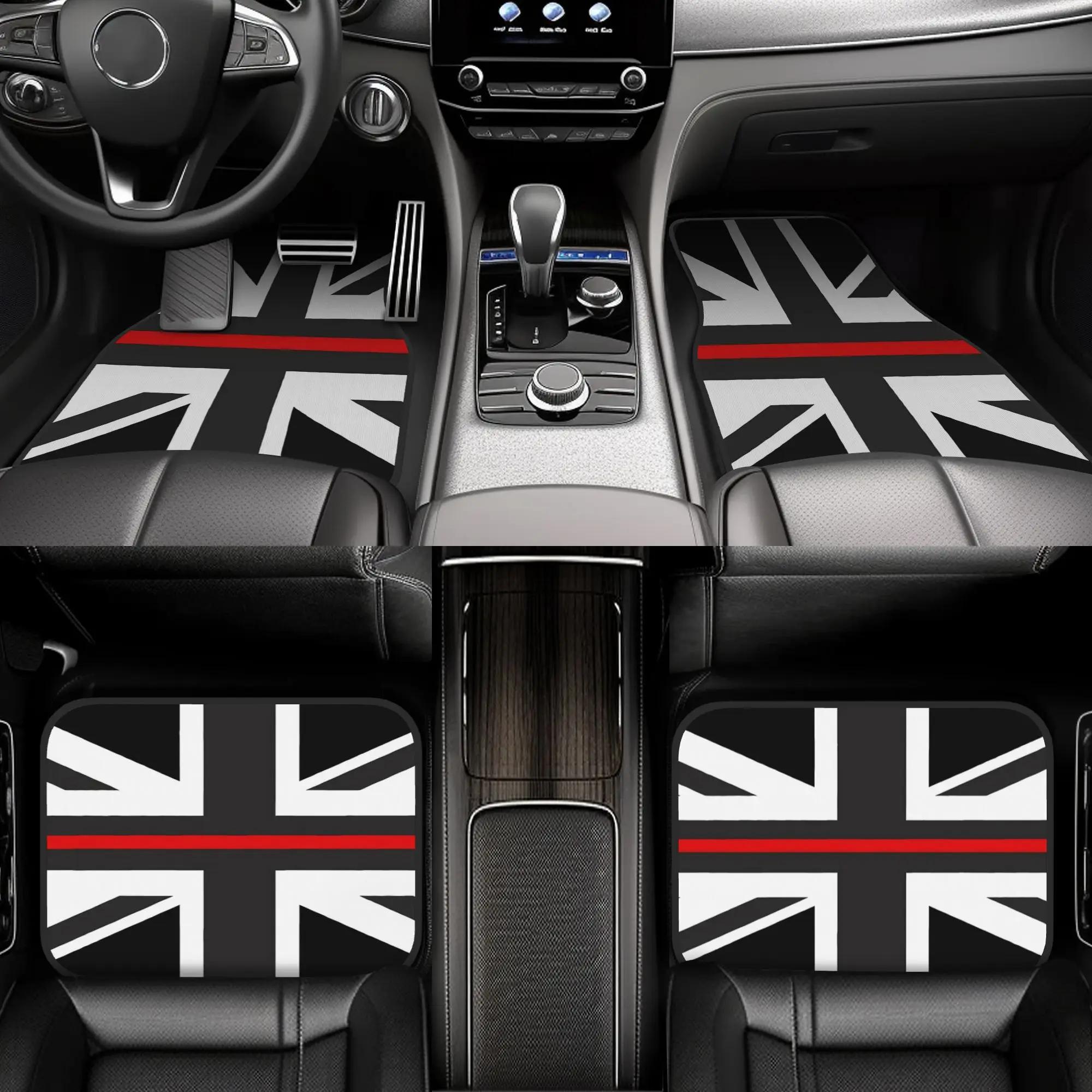 

4pcs Union Jack Car Mats - Heavy-Duty Black/White/Red British Flag Design With Thin Stripe, Fit For All Vehicles (, SUVs,) - Dur
