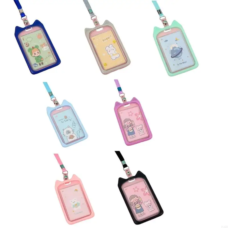 

340D Cartoon Silicone Card Cover Ear Badge Holder Vertical with Lanyard Neck Strap Perfect for Cat Lovers