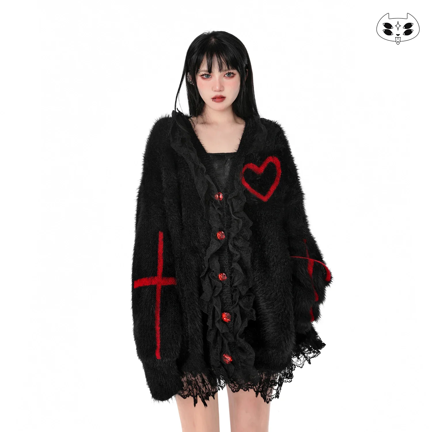 Gothic Black Y2K Cardigan Red Cross V-neck Love Buttons Sweater New Features of Knitwear Loose Punk Oversized Women\'s Coat Tops