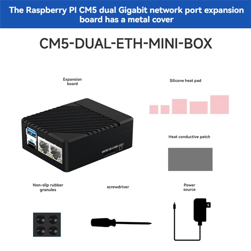 SQPP-Aluminum Alloy Shell Mini Expansion Board For Compute Module 5, Dual Ethernet, US Plug - CM5-DUAL-ETH