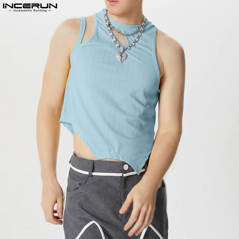 INCERUN Men Irregular Tank Tops Solid Color Hollow Out O-neck Sleeveless Male Vests Summer Streetwear 2024 Fashion Crop Tops Men