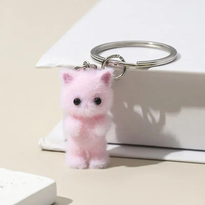 Cute 3D Flocking Kitten Small Bear Keychain Resin Cat Couple Pendant Earphone Backpack Charms Bag Decor