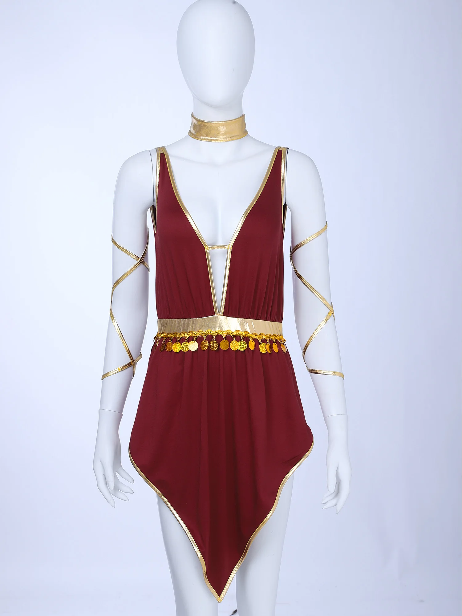

Women Ancient Greek Princess Costumes V Neck Tunic Dress with Built-in Briefs And Choker Arm Bands for Halloween Cosplay Party