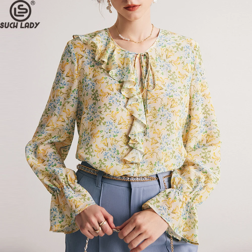 

Женская блузка из 100% натурального шелка с круглым вырезом и длинными расклешенными рукавами, модные повседневные топы с принтом