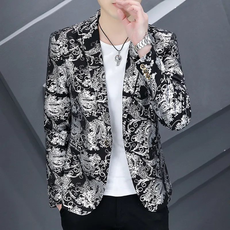 

Gold Stamp Printing Suit Men's Club Trendy Casual Performance Slimming Single Button Polyester Fiber Stand Fit Long Sve