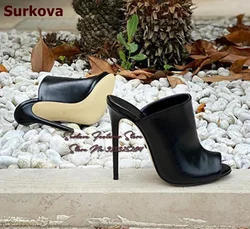 Surkova Black Matte Thin High Heel Modern Slippers Round Open Toe Stiletto Heel Dress Pumps Slip-On Open Heel Sandals