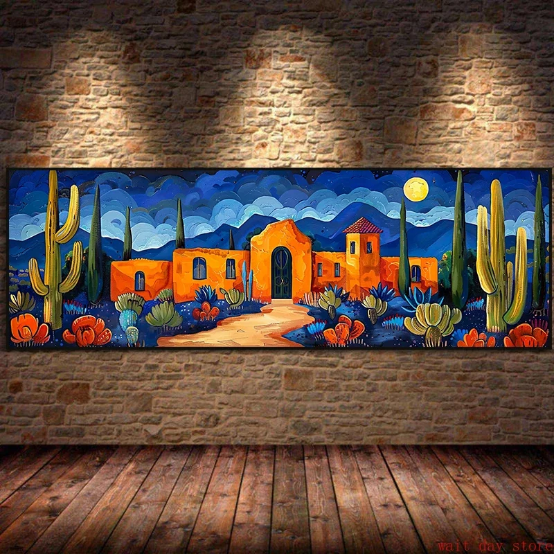 Watercolor Southwest Desert Cactus  Moon Canvas Painting Art Poster Print Wall Art Picture for Living Room Home Decor Unframed