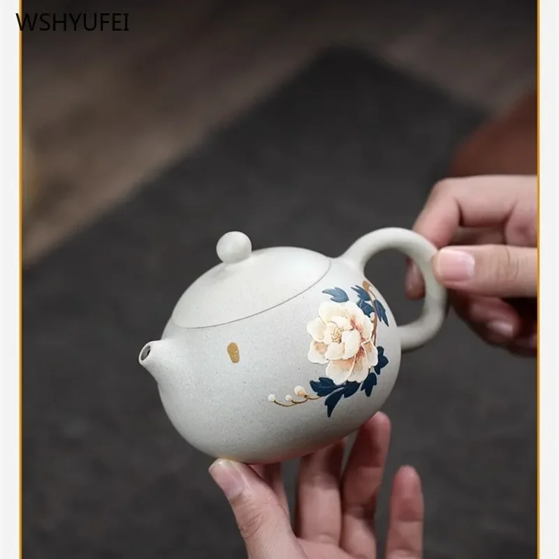 250ml Yixing Purple Clay Pot Handmade teapot Tea set Original ore white jade section mud hand painted peony Western Shi pot