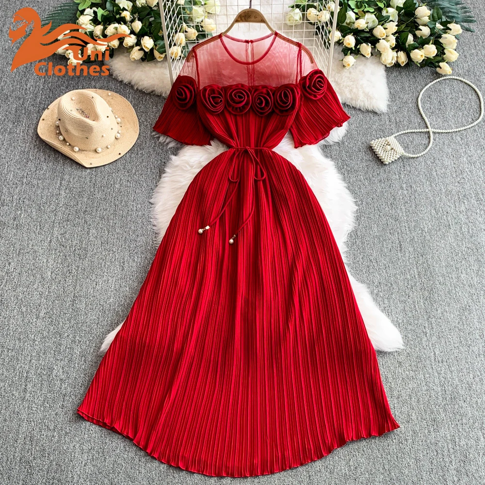 

UNI French Three-dimensional Flower Sweet Mesh Spliced Dress Women Summer Waist Cinching Pleated Dresses