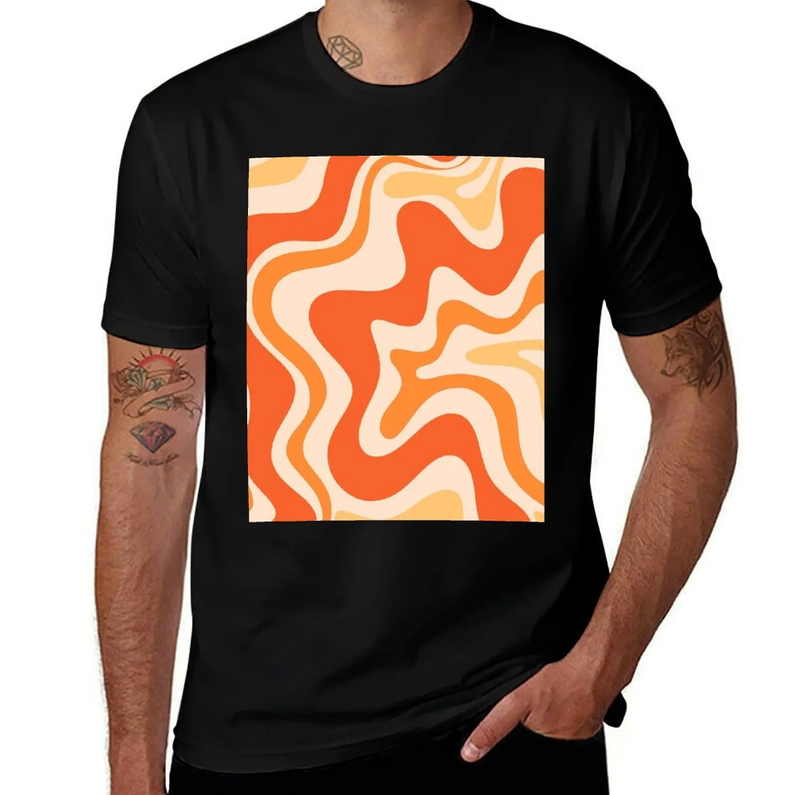 Tangerine Liquid Swirl Retro Modern Abstract Pattern T-Shirt Stretch Fabric Comfort T-Shirt