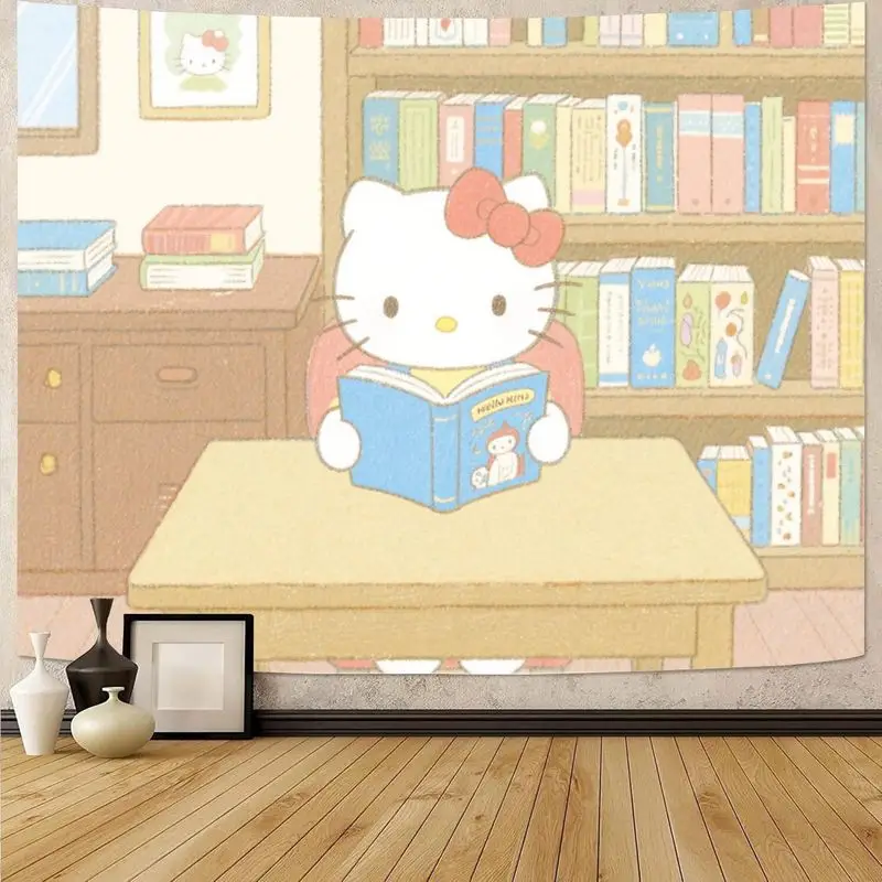 

1PC Sanrio Hello Kitty Reading Tapestry Kawaii Bookshelf Polyester Wall Art for Bedroom Dorm Decor, Gift for Kitty Fans