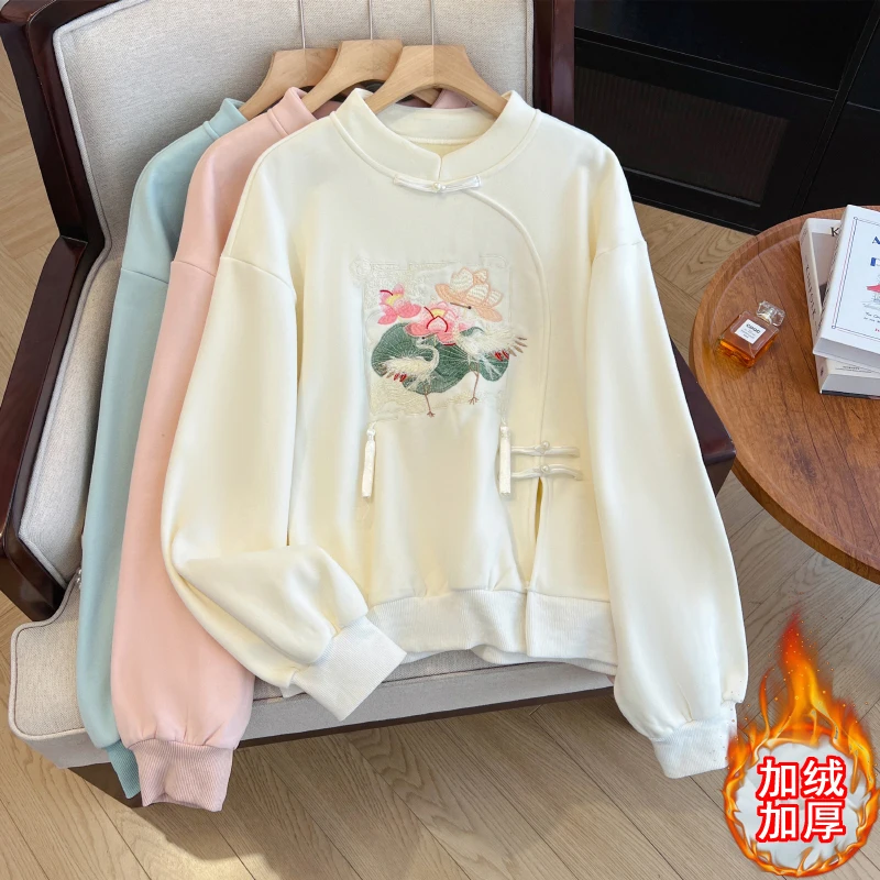 

Autumn Winter Women Thicken Fleece Loose Pullover Sweatshirt High Quality Retro Chinese Style White Crane Embroidery Sweatshirt