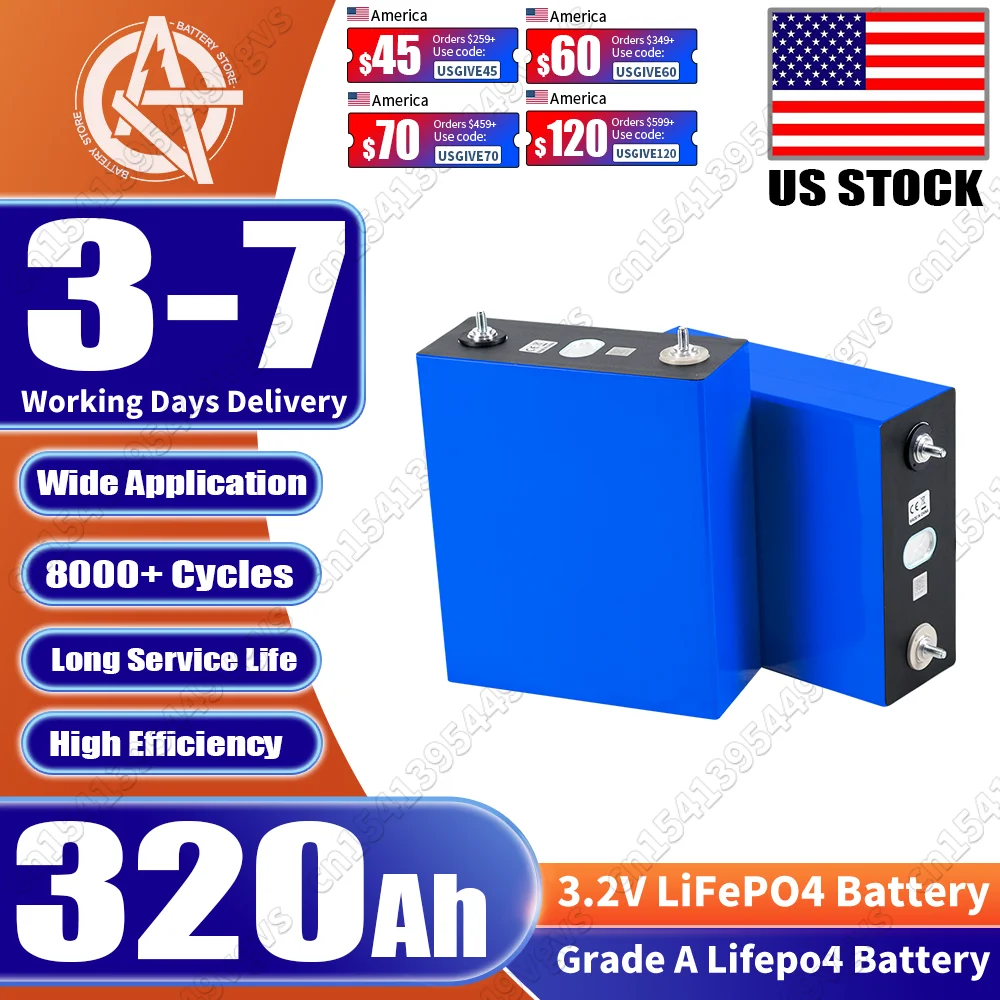 320Ah 8000cycle Lifepo4 Battery Grade A 3.2V Lithium iron phosphate Rechargeable Cell For DIY 12V 48V RV Solar Camping Boat Cart