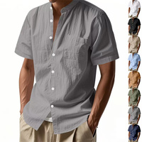 New linen short sleeve shirt men's summer solid color stand collar pocket loose casual shirt t-shirt top