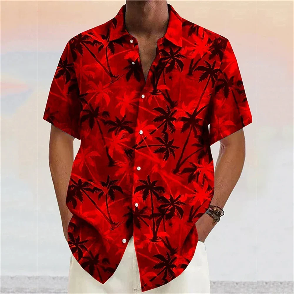 

Coconut tree pattern down yellow pink wine navy blue outdoor street short sleeved men's printed clothing fashionable and casual