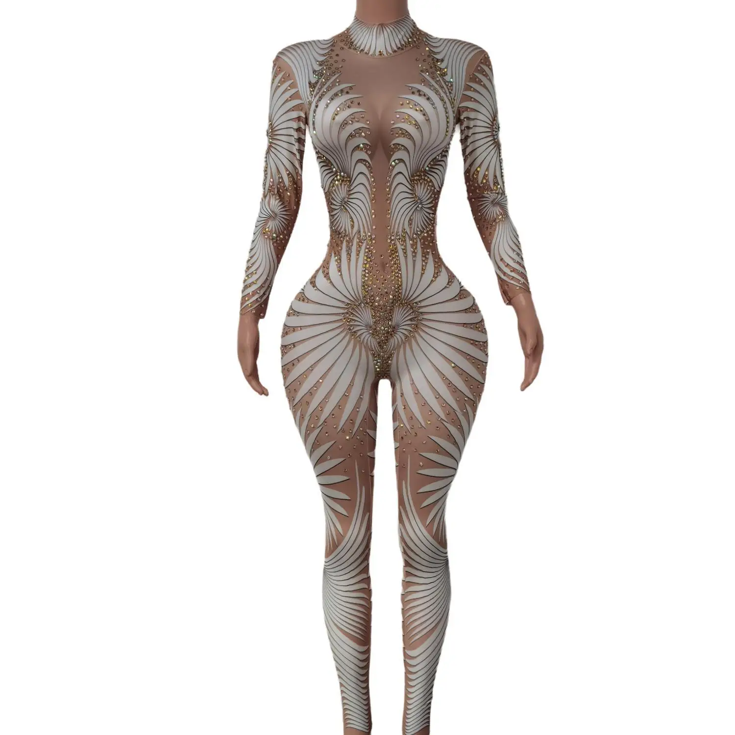 

White Feather Printed Stones Tights Fitting Jumpsuit Nightclub Woman Bodysuit Fashion Pole Dancing Performance Costumes Feibiao