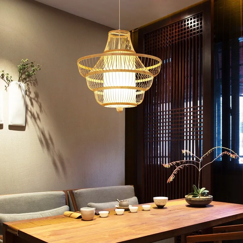 Japanese chandelier Zen tea room restaurant hot pot restaurant creative bedroom bamboo art bird cage lighting fixture