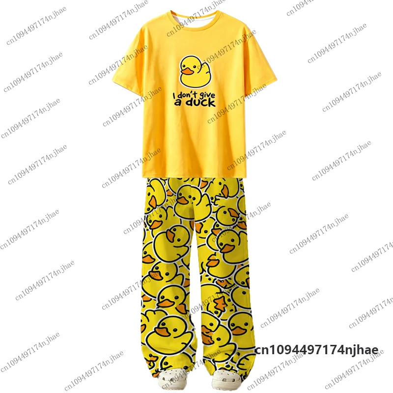 2026 Women’s Tracksuit Cartoon Yellow Duck Print T-Shirt+Pajamas Trousers Sets Casual Pants Suit Couples Clothes 2 Piece Outfits view 2