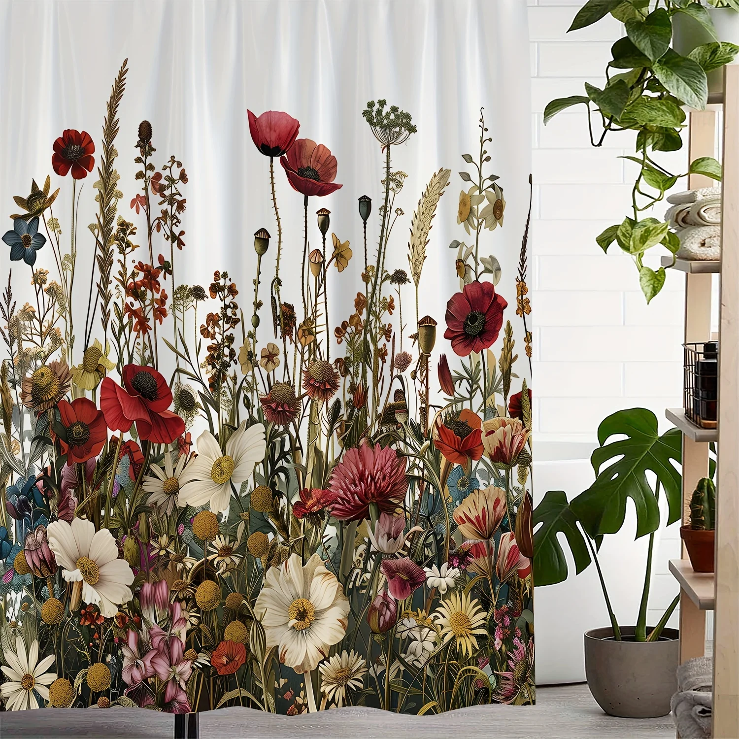 

Vintage Botanical Poppy Shower Curtain - Red Flowers & Green Foliage on Light Gray, Polyester, 12 Hooks, Machine Washable