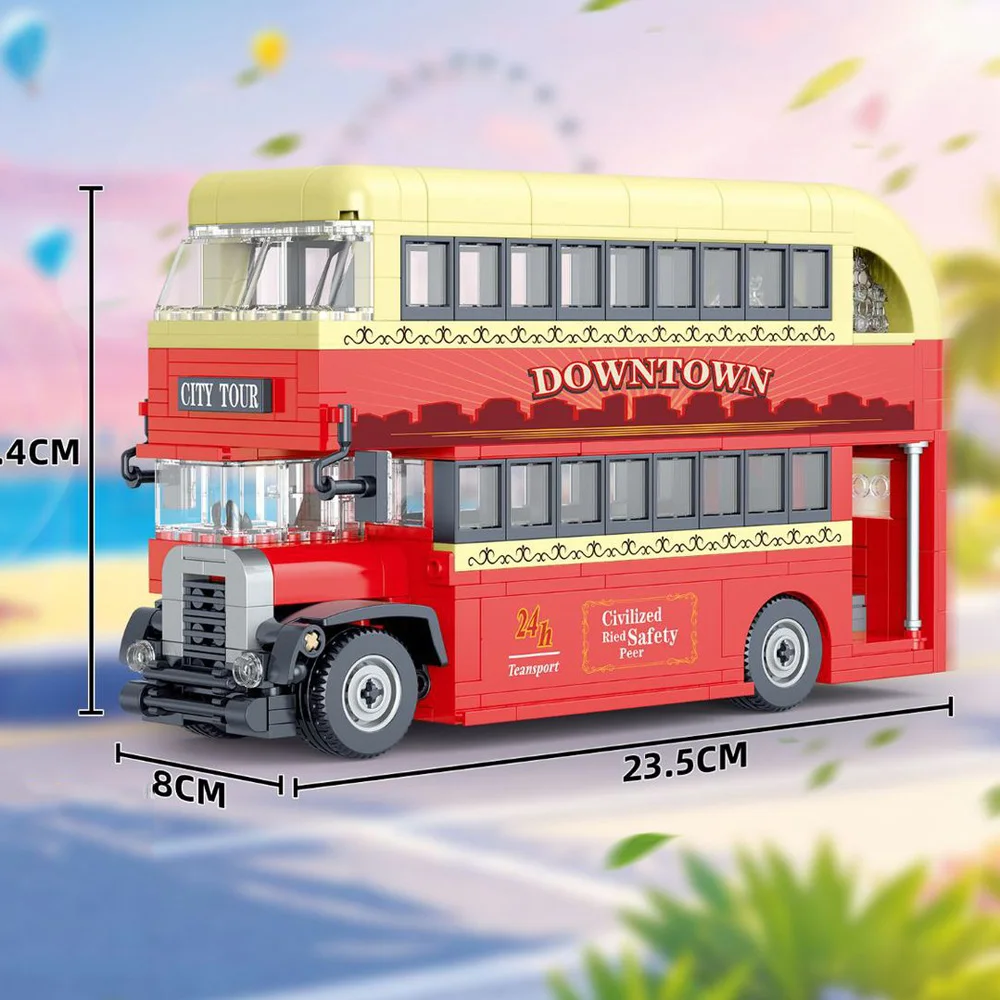 Set Model Bus Tingkat Ganda Perjalanan Blok Bangunan Kendaraan Klasik Kota Koleksi Mainan Konstruksi Bata untuk Hadiah Anak-anak