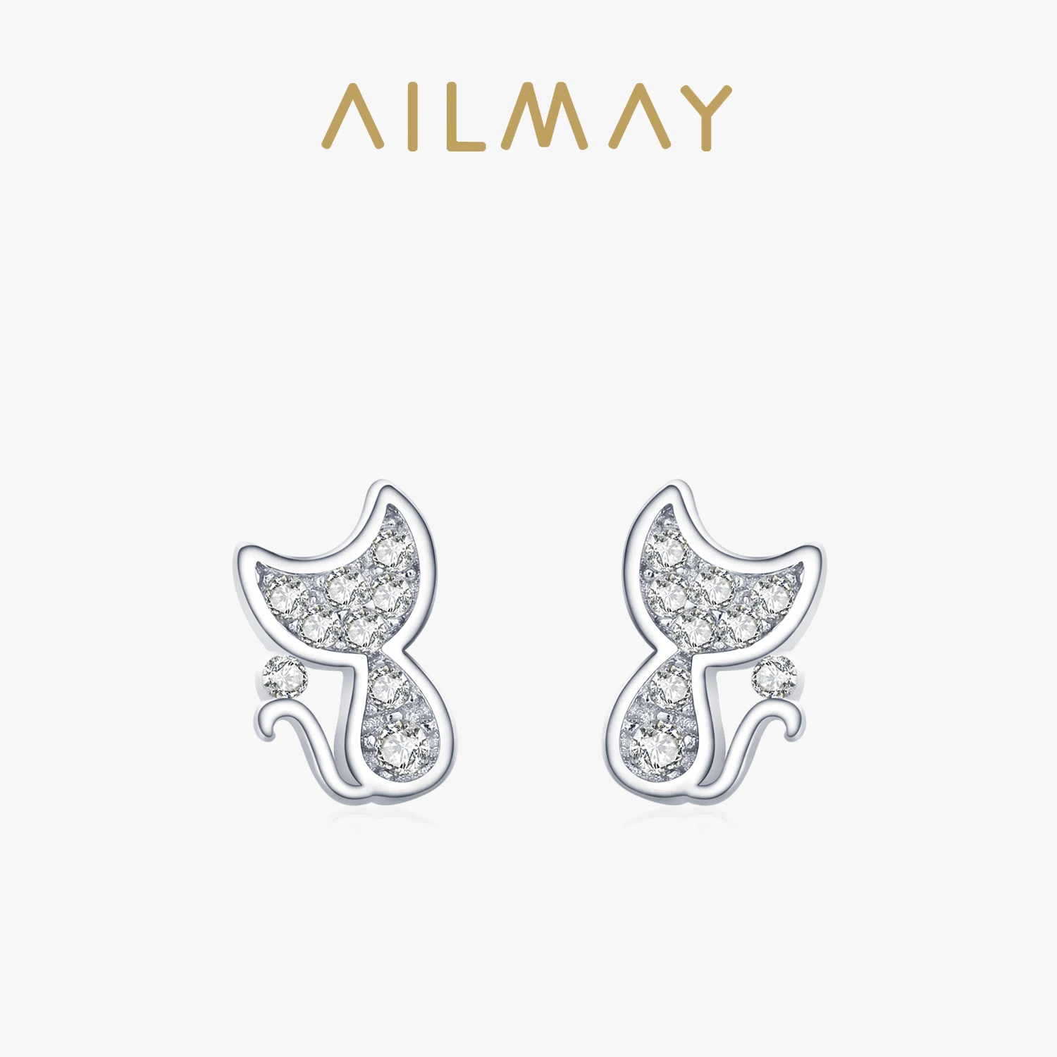 Ailmay Sweet Cute Cat Silver Stud Earrings 100% 925 Sterling Silver Sparkling CZ For Women Anti-allergy Fine Jewelry Gifts