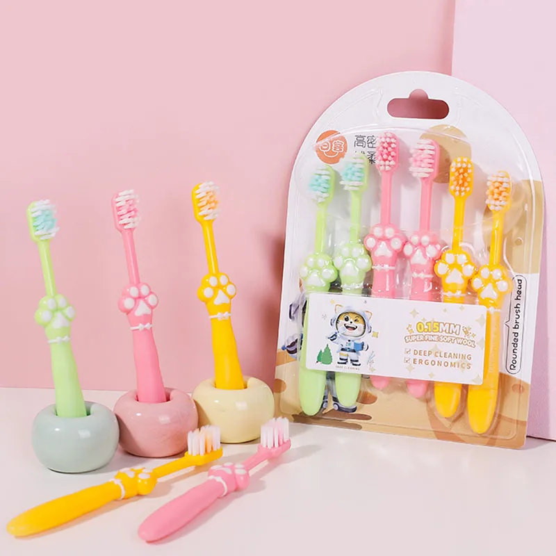 High End Soft Bristled Toothbrush For Children's Cartoon Cat Claw Design Soft Rubber Brush Handle Kids Household Toothbrush Set