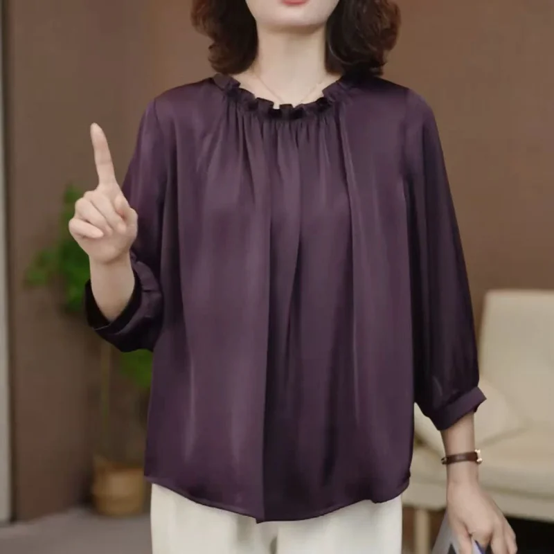 Purple Satin Fashionable Solid Color T-shirt Tops Loose Tops for Middle-aged Elderly Mothers