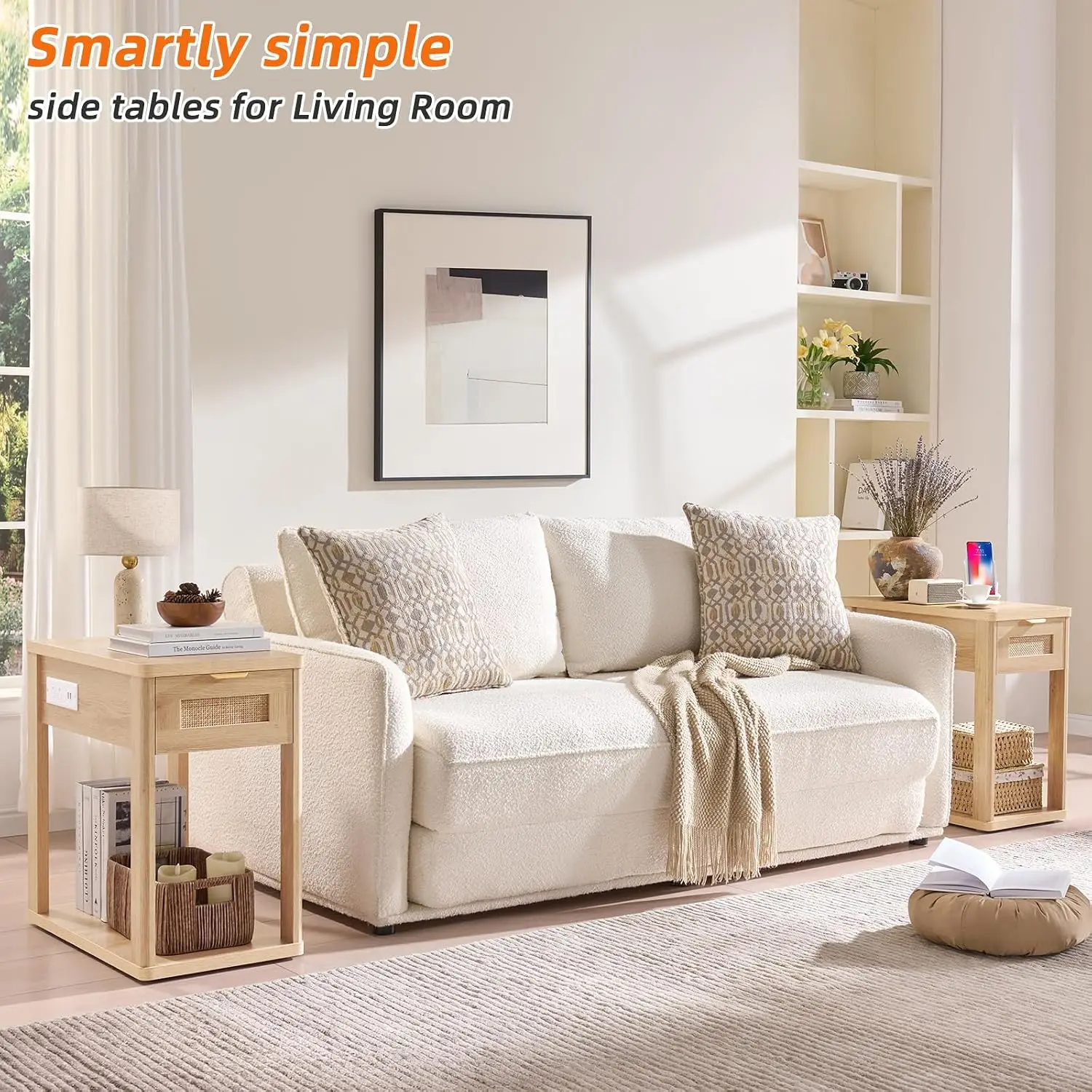 Narrow Side Table Set 2 With Charging Station Rattan 24x14