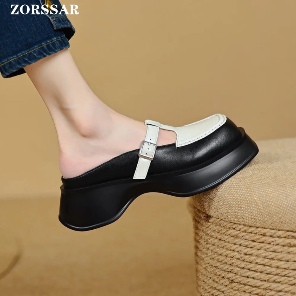 Flat Platform Shoes Women Summer Slippers Women\'s Flats Genuine Leather Slingbacks Ladies Casual Lazy Ladies Mules Footwear