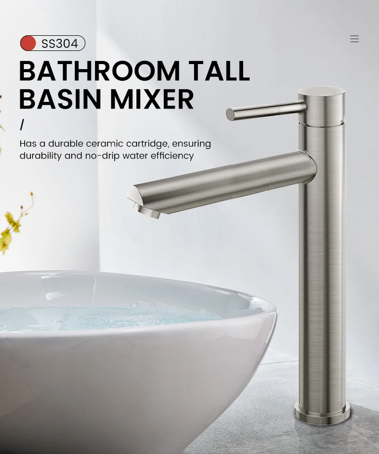 Factory Supply High Quality Watermark Wels Brushed Round Tower Basin Mixer Faucet Vanity Tall Bathroom Taps