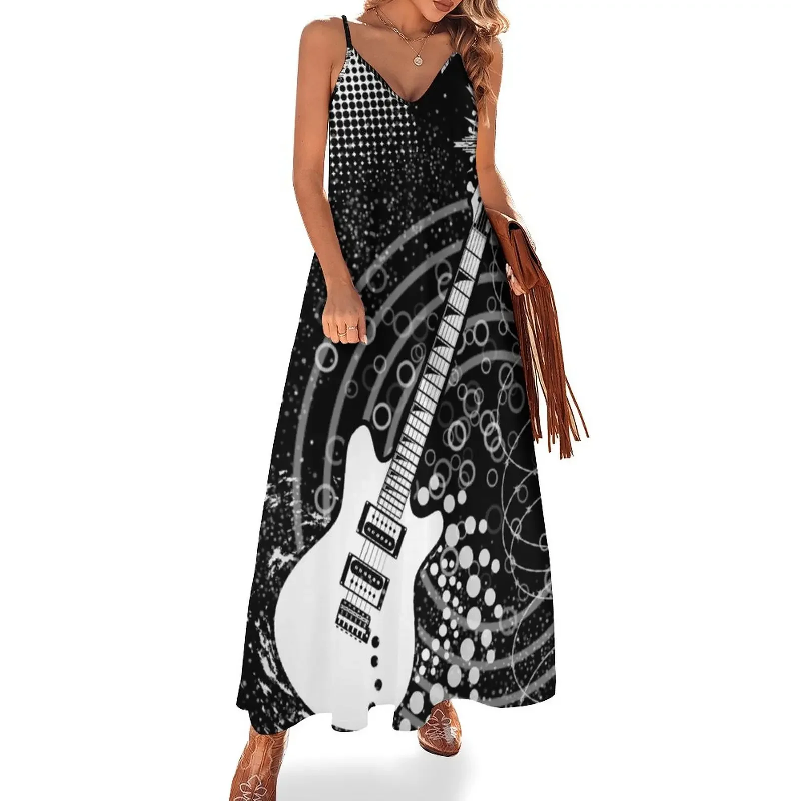 Vestido longo sem mangas preto e branco feminino, Graffiti de guitarra, mulheres grávidas