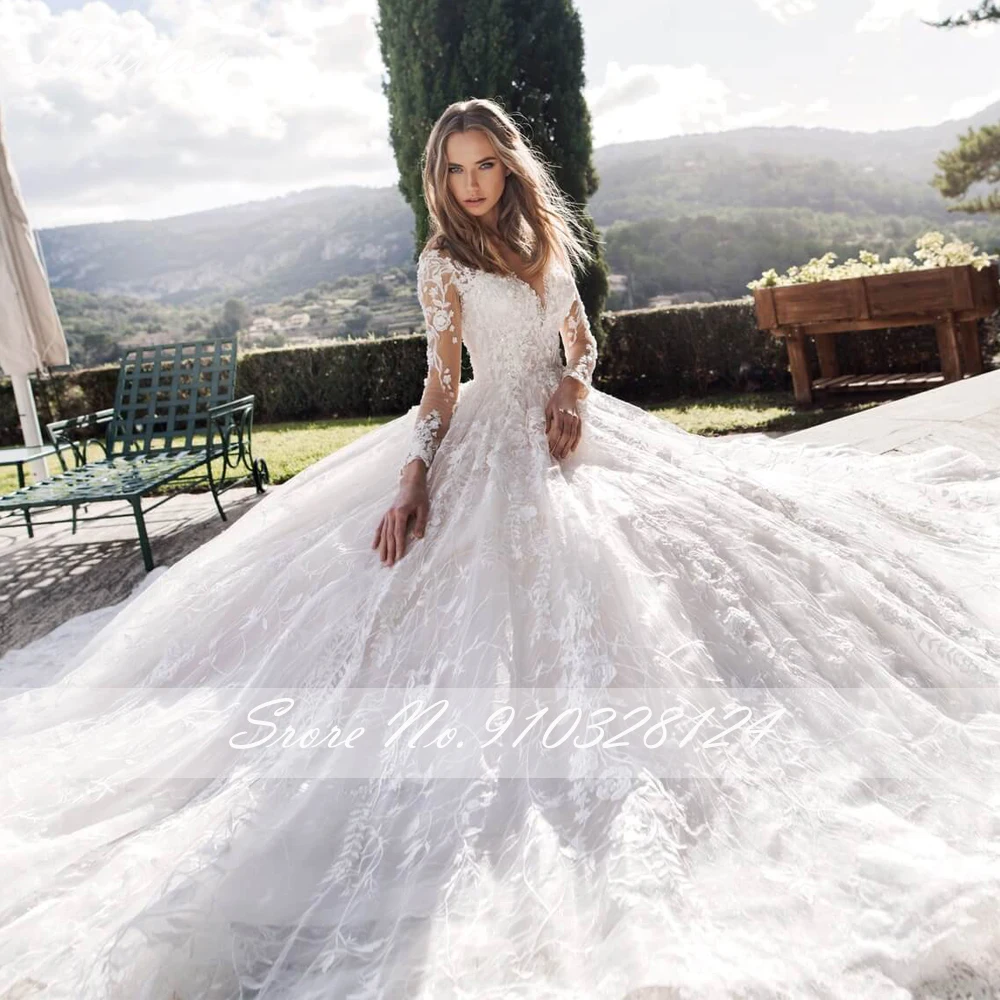 Lhuillier مخصصة مغرفة الرقبة الكرة ثوب الدانتيل فساتين الزفاف الطابق طول كامل الأكمام فستان الزفاف مع قطار مصلى