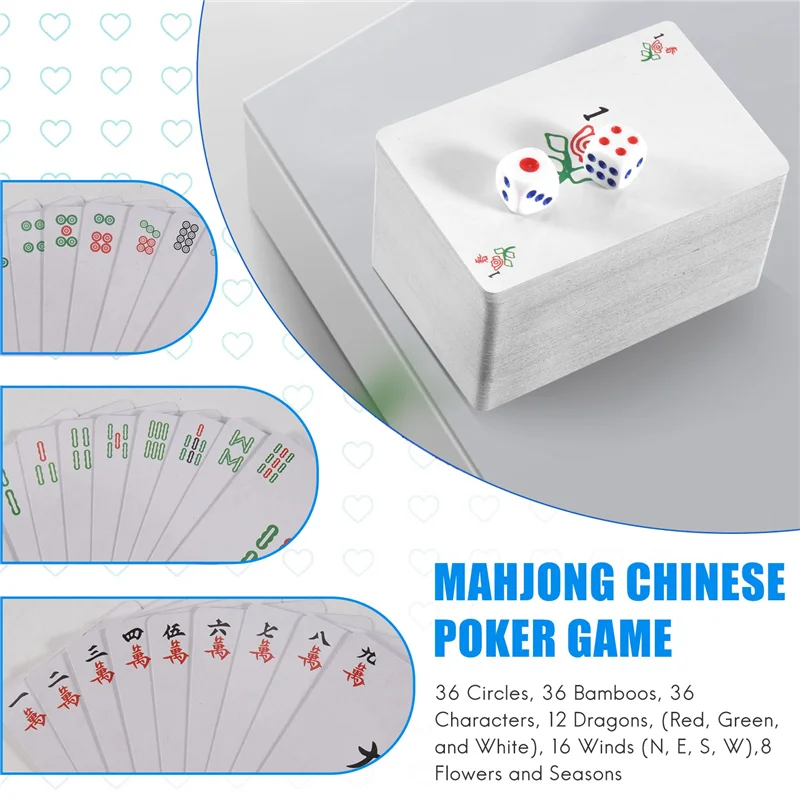 VO-144 шт./компл. Маджонг бумага Маджонг китайские игральные карты игры с 2 шт. кубиками портативный дорожный развлекательный комплект игральных карт