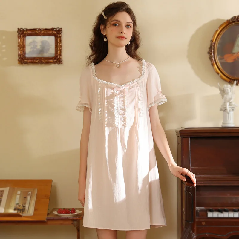 

Pure Cotton Sweet Night Dress Women Summer Vintage Lace Square Collar Short Sleeve Nightgown Cute Nightwear Princess Sleepwear